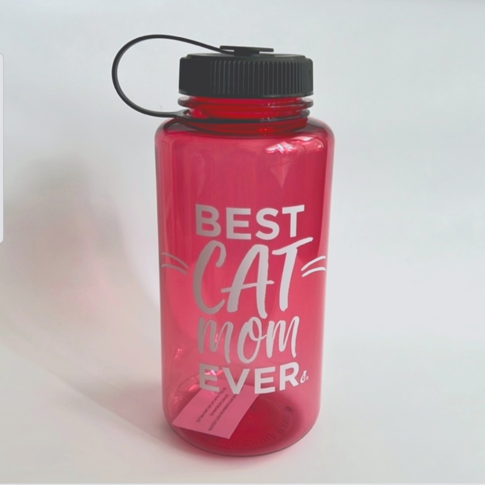 NIB Set Of 2 Pink "Best Cat Mom" 32oz Water Bottle & Kitty Strainer